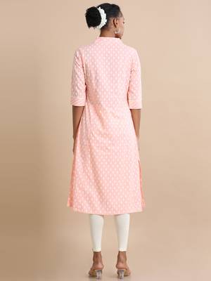 Hassu's women peach 3/4th sleeves cotton floral print regular fit calf length kurta 5