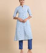 Hassu's women aqua 3/4th sleeves cotton block print regular fit calf length kurta