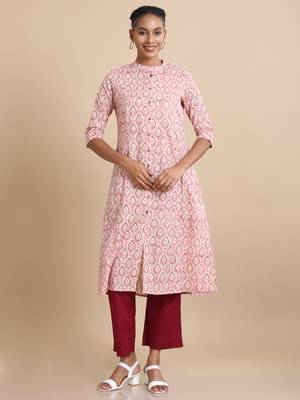 Hassu's women pink 3/4th sleeves cotton block print regular fit calf length kurta 1