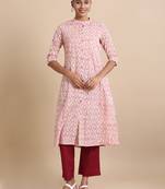Hassu's women pink 3/4th sleeves cotton block print regular fit calf length kurta