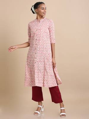 Hassu's women pink 3/4th sleeves cotton block print regular fit calf length kurta 3
