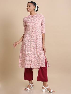 Hassu's women pink 3/4th sleeves cotton block print regular fit calf length kurta 4