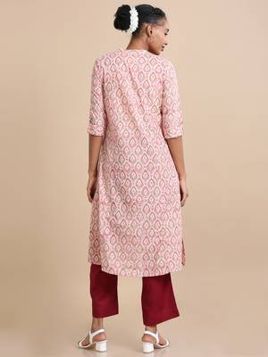 Hassu's women pink 3/4th sleeves cotton block print regular fit calf length kurta 5