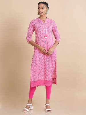 Hassu's women magenta 3/4th sleeves cotton abstract print, mirror work regular fit calf length kurta 2