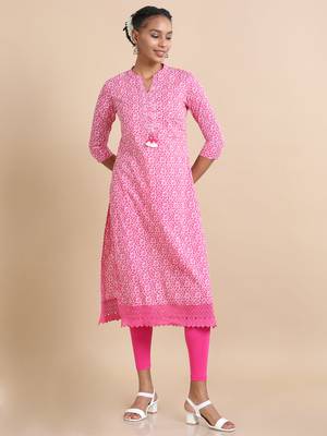 Hassu's women magenta 3/4th sleeves cotton abstract print, mirror work regular fit calf length kurta 3