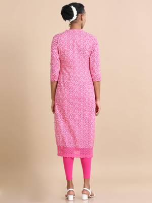 Hassu's women magenta 3/4th sleeves cotton abstract print, mirror work regular fit calf length kurta 4