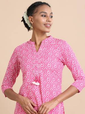 Hassu's women magenta 3/4th sleeves cotton abstract print, mirror work regular fit calf length kurta 5