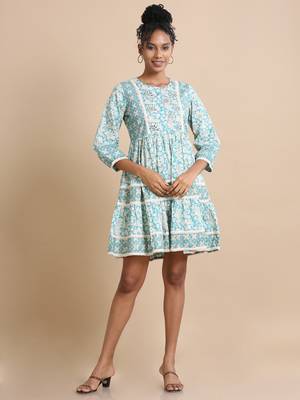 Hassu's women turquoise 3/4th sleeves cotton floral print, mirror work regular fit knee length kurta 1