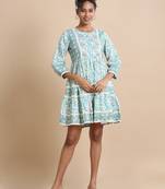 Hassu's women turquoise 3/4th sleeves cotton floral print, mirror work regular fit knee length kurta