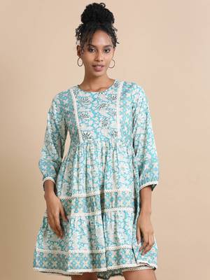 Hassu's women turquoise 3/4th sleeves cotton floral print, mirror work regular fit knee length kurta 2