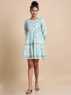 Hassu's women turquoise 3/4th sleeves cotton floral print, mirror work regular fit knee length kurta 3