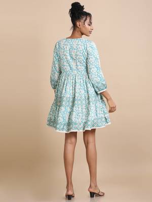Hassu's women turquoise 3/4th sleeves cotton floral print, mirror work regular fit knee length kurta 4