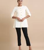 Hassu's women cream 3/4th sleeves cotton solid regular fit hip length kurta