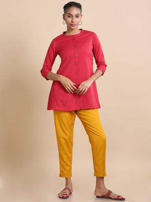 Hassu's women maroon 3/4th sleeves cotton solid regular fit hip length kurta 1