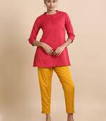 Hassu's women maroon 3/4th sleeves cotton solid regular fit hip length kurta