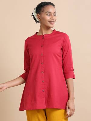 Hassu's women maroon 3/4th sleeves cotton solid regular fit hip length kurta 3