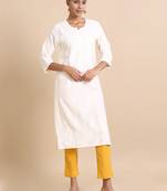 Hassu's women cream 3/4th sleeves chanderi chikankari regular fit calf length kurta