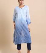 Hassu's women blue 3/4th sleeves kota chikankari loose fit calf length kurta