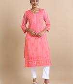 Hassu's women dark pink 3/4th sleeves kota chikankari loose fit calf length kurta