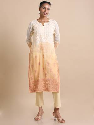 Hassu's women golden yellow 3/4th sleeves kota chikankari loose fit calf length kurta 1