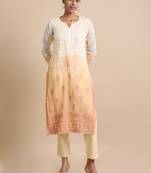 Hassu's women golden yellow 3/4th sleeves kota chikankari loose fit calf length kurta