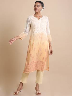 Hassu's women golden yellow 3/4th sleeves kota chikankari loose fit calf length kurta 2