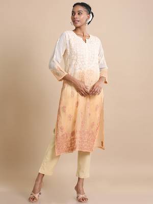 Hassu's women golden yellow 3/4th sleeves kota chikankari loose fit calf length kurta 3