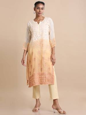 Hassu's women golden yellow 3/4th sleeves kota chikankari loose fit calf length kurta 4