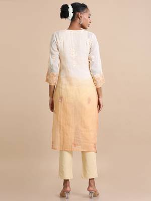Hassu's women golden yellow 3/4th sleeves kota chikankari loose fit calf length kurta 5