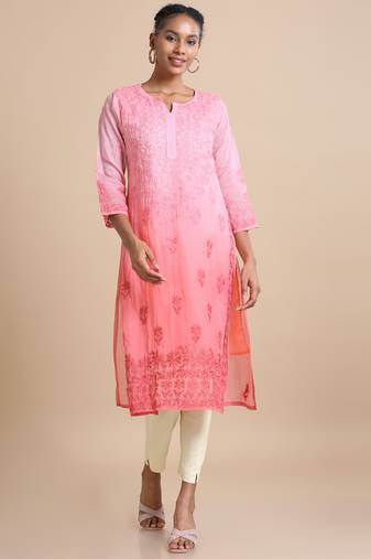 Hassu's women light pink 3/4th sleeves kota chikankari loose fit calf length kurta
