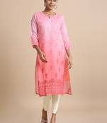 Hassu's women light pink 3/4th sleeves kota chikankari loose fit calf length kurta
