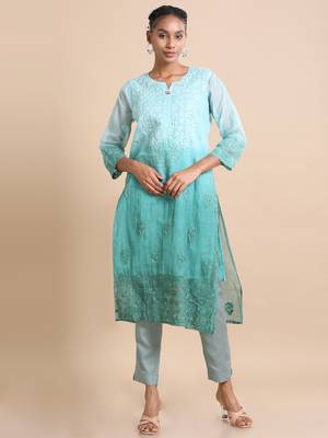 Hassu's women mud green 3/4th sleeves kota chikankari loose fit calf length kurta 1