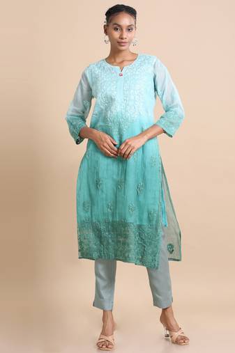 Hassu's women mud green 3/4th sleeves kota chikankari loose fit calf length kurta