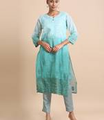 Hassu's women mud green 3/4th sleeves kota chikankari loose fit calf length kurta