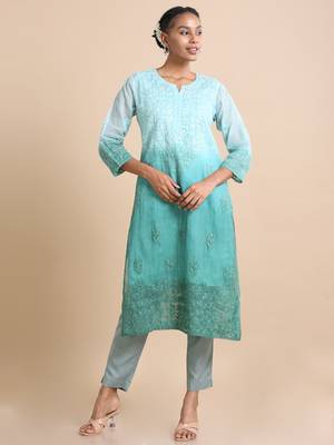 Hassu's women mud green 3/4th sleeves kota chikankari loose fit calf length kurta 2