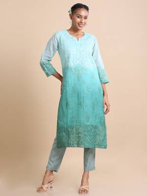 Hassu's women mud green 3/4th sleeves kota chikankari loose fit calf length kurta 3