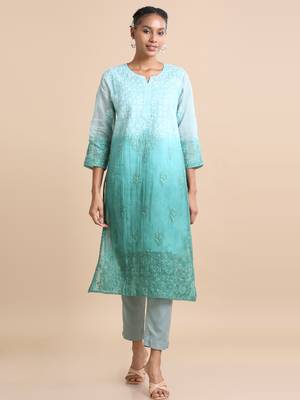 Hassu's women mud green 3/4th sleeves kota chikankari loose fit calf length kurta 4