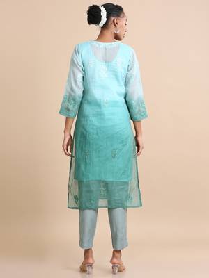 Hassu's women mud green 3/4th sleeves kota chikankari loose fit calf length kurta 5