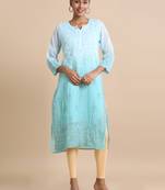 Hassu's women sea green 3/4th sleeves kota chikankari loose fit calf length kurta