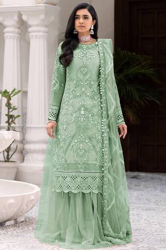 Green Embroidered Net Fabric Dress Material