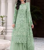 Green Embroidered Net Fabric Dress Material