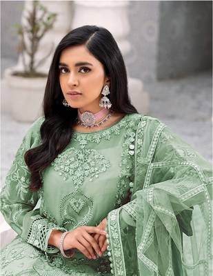 Green Embroidered Net Fabric Dress Material 2