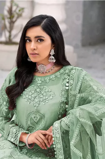 Green Embroidered Net Fabric Dress Material