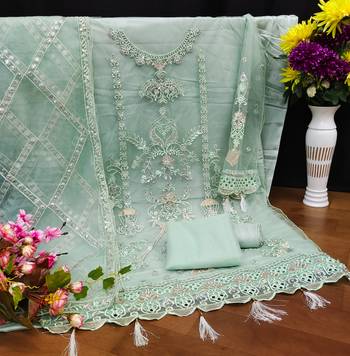 Green Embroidered Net Fabric Dress Material 3