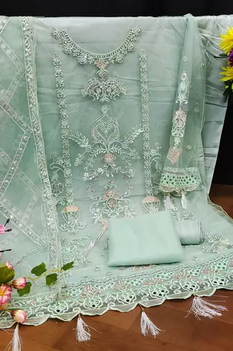 Green Embroidered Net Fabric Dress Material