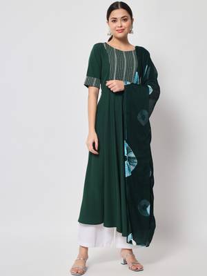 Green colour designer partywear kurti with dupatta for girlish looks 1