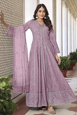 Partywear heavy sequance with thread embroidery work pink colour anarkali suit 1