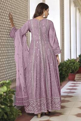 Partywear heavy sequance with thread embroidery work pink colour anarkali suit 2
