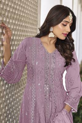 Partywear heavy sequance with thread embroidery work pink colour anarkali suit 3