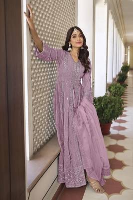 Partywear heavy sequance with thread embroidery work pink colour anarkali suit 4